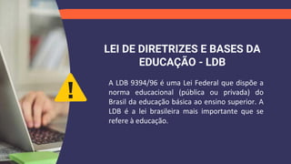 LEI DE DIRETRIZES E BASES DA
EDUCAÇÃO - LDB
A LDB 9394/96 é uma Lei Federal que dispõe a
norma educacional (pública ou privada) do
Brasil da educação básica ao ensino superior. A
LDB é a lei brasileira mais importante que se
refere à educação.
 