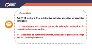 Art. 7º O ensino é livre à iniciativa privada, atendidas as seguintes
condições:
I - cumprimento das normas gerais da educação nacional e do
respectivo sistema de ensino;
III - capacidade de autofinanciamento, ressalvado o previsto no artigo
213 da Constituição Federal.
Comentário:
 