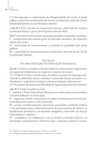 Série
Legislação12
§ 5º Para garantir o cumprimento da obrigatoriedade de ensino, o poder
público criará formas alternativas de acesso aos diferentes níveis de ensino,
independentemente da escolarização anterior.
15
Art. 6º É dever dos pais ou responsáveis efetuar a matrícula das crianças
na educação básica a partir dos 4 (quatro) anos de idade.
Art.7ºOensinoélivreàiniciativaprivada,atendidasasseguintescondições:
I – cumprimento das normas gerais da educação nacional e do respectivo
sistema de ensino;
II – autorização de funcionamento e avaliação de qualidade pelo poder
público;
III – capacidade de autoﬁnanciamento, ressalvado o previsto no art. 213 da
Constituição Federal.
TÍTULO IV
DA ORGANIZAÇÃO DA EDUCAÇÃO NACIONAL
Art. 8º A União, os estados, o Distrito Federal e os municípios organizarão,
em regime de colaboração, os respectivos sistemas de ensino.
16
§ 1º Caberá à União a coordenação da política nacional de educação, arti-
culando os diferentes níveis e sistemas e exercendo função normativa, re-
distributiva e supletiva em relação às demais instâncias educacionais.
§ 2º Os sistemas de ensino terão liberdade de organização nos termos desta lei.
Art. 9º A União incumbir-se-á de:
I – elaborar o Plano Nacional de Educação, em colaboração com os estados,
o Distrito Federal e os municípios;
II – organizar, manter e desenvolver os órgãos e instituições oﬁciais do sis-
tema federal de ensino e o dos territórios;
III – prestar assistência técnica e ﬁnanceira aos estados, ao Distrito Federal
e aos municípios para o desenvolvimento de seus sistemas de ensino e o
atendimento prioritário à escolaridade obrigatória, exercendo sua função
redistributiva e supletiva;
IV – estabelecer, em colaboração com os estados, o Distrito Federal e os
municípios, competências e diretrizes para a educação infantil, o ensino
15	 Artigo com redação dada pela Lei nº 12.796, de 4-4-2013.
16	 Parágrafo regulamentado pelo Decreto nº 5.622, de 19-12-2005.
 