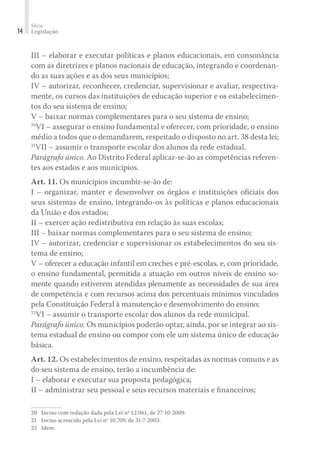 Série
Legislação14
III – elaborar e executar políticas e planos educacionais, em consonância
com as diretrizes e planos nacionais de educação, integrando e coordenan-
do as suas ações e as dos seus municípios;
IV – autorizar, reconhecer, credenciar, supervisionar e avaliar, respectiva-
mente, os cursos das instituições de educação superior e os estabelecimen-
tos do seu sistema de ensino;
V – baixar normas complementares para o seu sistema de ensino;
20
VI – assegurar o ensino fundamental e oferecer, com prioridade, o ensino
médio a todos que o demandarem, respeitado o disposto no art. 38 desta lei;
21
VII – assumir o transporte escolar dos alunos da rede estadual.
Parágrafo único. Ao Distrito Federal aplicar-se-ão as competências referen-
tes aos estados e aos municípios.
Art. 11. Os municípios incumbir-se-ão de:
I – organizar, manter e desenvolver os órgãos e instituições oﬁciais dos
seus sistemas de ensino, integrando-os às políticas e planos educacionais
da União e dos estados;
II – exercer ação redistributiva em relação às suas escolas;
III – baixar normas complementares para o seu sistema de ensino;
IV – autorizar, credenciar e supervisionar os estabelecimentos do seu sis-
tema de ensino;
V – oferecer a educação infantil em creches e pré-escolas, e, com prioridade,
o ensino fundamental, permitida a atuação em outros níveis de ensino so-
mente quando estiverem atendidas plenamente as necessidades de sua área
de competência e com recursos acima dos percentuais mínimos vinculados
pela Constituição Federal à manutenção e desenvolvimento do ensino;
22
VI – assumir o transporte escolar dos alunos da rede municipal.
Parágrafo único. Os municípios poderão optar, ainda, por se integrar ao sis-
tema estadual de ensino ou compor com ele um sistema único de educação
básica.
Art. 12. Os estabelecimentos de ensino, respeitadas as normas comuns e as
do seu sistema de ensino, terão a incumbência de:
I – elaborar e executar sua proposta pedagógica;
II – administrar seu pessoal e seus recursos materiais e ﬁnanceiros;
20	 Inciso com redação dada pela Lei nº 12.061, de 27-10-2009.
21	 Inciso acrescido pela Lei nº 10.709, de 31-7-2003.
22	Idem.
 