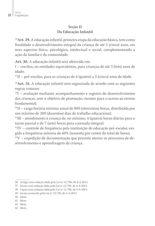Série
Legislação22
Seção II
Da Educação Infantil
36
Art. 29. A educação infantil, primeira etapa da educação básica, tem como
finalidade o desenvolvimento integral da criança de até 5 (cinco) anos, em
seus aspectos físico, psicológico, intelectual e social, complementando a
ação da família e da comunidade.
Art. 30. A educação infantil será oferecida em:
I – creches, ou entidades equivalentes, para crianças de até 3 (três) anos de
idade;
37
II – pré-escolas, para as crianças de 4 (quatro) a 5 (cinco) anos de idade.
38
Art. 31. A educação infantil será organizada de acordo com as seguintes
regras comuns:
39
I – avaliação mediante acompanhamento e registro do desenvolvimento
das crianças, sem o objetivo de promoção, mesmo para o acesso ao ensino
fundamental;
40
II – carga horária mínima anual de 800 (oitocentas) horas, distribuída por
um mínimo de 200 (duzentos) dias de trabalho educacional;
41
III –atendimento à criança de, no mínimo, 4 (quatro) horas diárias para o
turno parcial e de 7 (sete) horas para a jornada integral;
42
IV – controle de frequência pela instituição de educação pré-escolar, exi-
gida a frequência mínima de 60% (sessenta por cento) do total de horas;
43
V – expedição de documentação que permita atestar os processos de de-
senvolvimento e aprendizagem da criança.
36	 Artigo com redação dada pela Lei nº 12.796, de 4-4-2013.
37	 Inciso com redação dada pela Lei nº 12.796, de 4-4-2013.
38	 Caput com redação dada pela Lei nº 12.796, de 4-4-2013.
39	 Inciso acrescido pela Lei nº 12.796, de 4-4-2013.
40	Idem.
41	Idem.
42	Idem.
43	Idem.
 