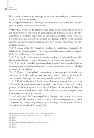 Série
Legislação36
II – a associação entre teorias e práticas, mediante estágios supervisiona-
dos e capacitação em serviço;
III – o aproveitamento da formação e experiências anteriores, em institui-
ções de ensino e em outras atividades.
69
Art. 62. A formação de docentes para atuar na educação básica far-se-á
em nível superior, em curso de licenciatura, de graduação plena, em uni-
versidades e institutos superiores de educação, admitida, como formação
mínima para o exercício do magistério na educação infantil e nos 5 (cinco)
primeiros anos do ensino fundamental, a oferecida em nível médio na mo-
dalidade normal.
70
§ 1º A União, o Distrito Federal, os estados e os municípios, em regime de
colaboração, deverão promover a formação inicial, a continuada e a capaci-
tação dos profissionais de magistério.
71
§ 2º A formação continuada e a capacitação dos profissionais de magisté-
rio poderão utilizar recursos e tecnologias de educação a distância.
72
§ 3º A formação inicial de profissionais de magistério dará preferência ao
ensino presencial, subsidiariamente fazendo uso de recursos e tecnologias
de educação a distância.
73
§ 4º A União, o Distrito Federal, os estados e os municípios adotarão me-
canismos facilitadores de acesso e permanência em cursos de formação de
docentes em nível superior para atuar na educação básica pública.
74
§ 5º A União, o Distrito Federal, os estados e os municípios incentivarão
a formação de profissionais do magistério para atuar na educação básica
pública mediante programa institucional de bolsa de iniciação à docência a
estudantes matriculados em cursos de licenciatura, de graduação plena, nas
instituições de educação superior.
75
§ 6º O Ministério da Educação poderá estabelecer nota mínima em exame
nacional aplicado aos concluintes do ensino médio como pré-requisito para
o ingresso em cursos de graduação para formação de docentes, ouvido o
Conselho Nacional de Educação (CNE).
69	 Caput com redação dada pela Lei nº 12.796, de 4-4-2013.
70	 Paragráfo acrescido pela Lei nº 12.056, de 13-10-2009.
71	Idem.
72	Idem.
73	 Parágrafo acrescido pela Lei nº 12.796, de 4-4-2013.
74	Idem.
75	Idem.
 