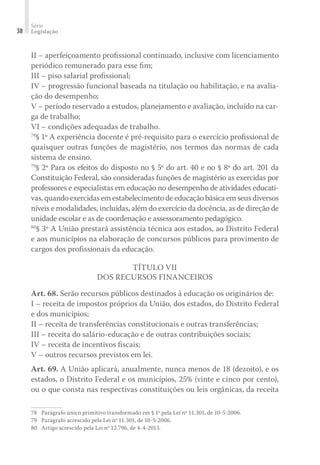 Série
Legislação38
II – aperfeiçoamento proﬁssional continuado, inclusive com licenciamento
periódico remunerado para esse ﬁm;
III – piso salarial proﬁssional;
IV – progressão funcional baseada na titulação ou habilitação, e na avalia-
ção do desempenho;
V – período reservado a estudos, planejamento e avaliação, incluído na car-
ga de trabalho;
VI – condições adequadas de trabalho.
78
§ 1º A experiência docente é pré-requisito para o exercício proﬁssional de
quaisquer outras funções de magistério, nos termos das normas de cada
sistema de ensino.
79
§ 2º Para os efeitos do disposto no § 5º do art. 40 e no § 8º do art. 201 da
Constituição Federal, são consideradas funções de magistério as exercidas por
professores e especialistas em educação no desempenho de atividades educati-
vas, quando exercidas em estabelecimento de educação básica em seus diversos
níveis e modalidades, incluídas, além do exercício da docência, as de direção de
unidade escolar e as de coordenação e assessoramento pedagógico.
80
§ 3º A União prestará assistência técnica aos estados, ao Distrito Federal
e aos municípios na elaboração de concursos públicos para provimento de
cargos dos profissionais da educação.
TÍTULO VII
DOS RECURSOS FINANCEIROS
Art. 68. Serão recursos públicos destinados à educação os originários de:
I – receita de impostos próprios da União, dos estados, do Distrito Federal
e dos municípios;
II – receita de transferências constitucionais e outras transferências;
III – receita do salário-educação e de outras contribuições sociais;
IV – receita de incentivos ﬁscais;
V – outros recursos previstos em lei.
Art. 69. A União aplicará, anualmente, nunca menos de 18 (dezoito), e os
estados, o Distrito Federal e os municípios, 25% (vinte e cinco por cento),
ou o que consta nas respectivas constituições ou leis orgânicas, da receita
78	 Parágrafo único primitivo transformado em § 1º pela Lei nº 11.301, de 10-5-2006.
79	 Parágrafo acrescido pela Lei nº 11.301, de 10-5-2006.
80	 Artigo acrescido pela Lei nº 12.796, de 4-4-2013.
 