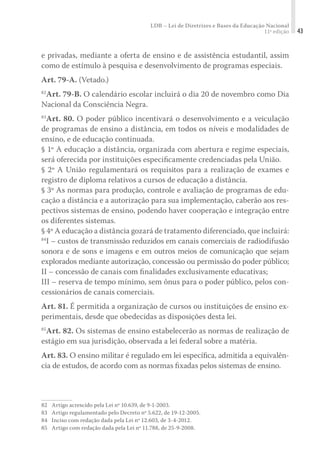 LDB – Lei de Diretrizes e Bases da Educação Nacional
11ª edição 43
e privadas, mediante a oferta de ensino e de assistência estudantil, assim
como de estímulo à pesquisa e desenvolvimento de programas especiais.
Art. 79-A. (Vetado.)
82
Art. 79-B. O calendário escolar incluirá o dia 20 de novembro como Dia
Nacional da Consciência Negra.
83
Art. 80. O poder público incentivará o desenvolvimento e a veiculação
de programas de ensino a distância, em todos os níveis e modalidades de
ensino, e de educação continuada.
§ 1º A educação a distância, organizada com abertura e regime especiais,
será oferecida por instituições especiﬁcamente credenciadas pela União.
§ 2º A União regulamentará os requisitos para a realização de exames e
registro de diploma relativos a cursos de educação a distância.
§ 3º As normas para produção, controle e avaliação de programas de edu-
cação a distância e a autorização para sua implementação, caberão aos res-
pectivos sistemas de ensino, podendo haver cooperação e integração entre
os diferentes sistemas.
§ 4º A educação a distância gozará de tratamento diferenciado, que incluirá:
84
I – custos de transmissão reduzidos em canais comerciais de radiodifusão
sonora e de sons e imagens e em outros meios de comunicação que sejam
explorados mediante autorização, concessão ou permissão do poder público;
II – concessão de canais com ﬁnalidades exclusivamente educativas;
III – reserva de tempo mínimo, sem ônus para o poder público, pelos con-
cessionários de canais comerciais.
Art. 81. É permitida a organização de cursos ou instituições de ensino ex-
perimentais, desde que obedecidas as disposições desta lei.
85
Art. 82. Os sistemas de ensino estabelecerão as normas de realização de
estágio em sua jurisdição, observada a lei federal sobre a matéria.
Art. 83. O ensino militar é regulado em lei especíﬁca, admitida a equivalên-
cia de estudos, de acordo com as normas ﬁxadas pelos sistemas de ensino.
82	 Artigo acrescido pela Lei nº 10.639, de 9-1-2003.
83	 Artigo regulamentado pelo Decreto nº 5.622, de 19-12-2005.
84	 Inciso com redação dada pela Lei nº 12.603, de 3-4-2012.
85	 Artigo com redação dada pela Lei nº 11.788, de 25-9-2008.
 