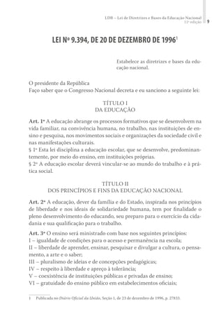 LDB – Lei de Diretrizes e Bases da Educação Nacional
11ª edição 9
LEI Nº 9.394, DE 20 DE DEZEMBRO DE 19961
Estabelece as diretrizes e bases da edu-
cação nacional.
O presidente da República
Faço saber que o Congresso Nacional decreta e eu sanciono a seguinte lei:
TÍTULO I
DA EDUCAÇÃO
Art. 1º A educação abrange os processos formativos que se desenvolvem na
vida familiar, na convivência humana, no trabalho, nas instituições de en-
sino e pesquisa, nos movimentos sociais e organizações da sociedade civil e
nas manifestações culturais.
§ 1º Esta lei disciplina a educação escolar, que se desenvolve, predominan-
temente, por meio do ensino, em instituições próprias.
§ 2º A educação escolar deverá vincular-se ao mundo do trabalho e à prá-
tica social.
TÍTULO II
DOS PRINCÍPIOS E FINS DA EDUCAÇÃO NACIONAL
Art. 2º A educação, dever da família e do Estado, inspirada nos princípios
de liberdade e nos ideais de solidariedade humana, tem por ﬁnalidade o
pleno desenvolvimento do educando, seu preparo para o exercício da cida-
dania e sua qualiﬁcação para o trabalho.
Art. 3º O ensino será ministrado com base nos seguintes princípios:
I – igualdade de condições para o acesso e permanência na escola;
II – liberdade de aprender, ensinar, pesquisar e divulgar a cultura, o pensa-
mento, a arte e o saber;
III – pluralismo de ideias e de concepções pedagógicas;
IV – respeito à liberdade e apreço à tolerância;
V – coexistência de instituições públicas e privadas de ensino;
VI – gratuidade do ensino público em estabelecimentos oﬁciais;
1	 Publicada no Diário Oﬁcial da União, Seção 1, de 23 de dezembro de 1996, p. 27833.
 