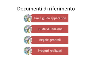 Documenti di riferimento
Linee guida application
Guida valutazione
Regole generali
Progetti realizzati
 