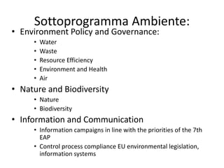 Sottoprogramma Ambiente:
• Environment Policy and Governance:
• Water
• Waste
• Resource Efficiency
• Environment and Heal...