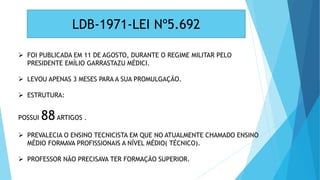 LDB-1971-LEI Nº5.692
 FOI PUBLICADA EM 11 DE AGOSTO, DURANTE O REGIME MILITAR PELO
PRESIDENTE EMÍLIO GARRASTAZU MÉDICI.
 LEVOU APENAS 3 MESES PARA A SUA PROMULGAÇÃO.
 ESTRUTURA:
POSSUI 88ARTIGOS .
 PREVALECIA O ENSINO TECNICISTA EM QUE NO ATUALMENTE CHAMADO ENSINO
MÉDIO FORMAVA PROFISSIONAIS A NÍVEL MÉDIO( TÉCNICO).
 PROFESSOR NÃO PRECISAVA TER FORMAÇÃO SUPERIOR.
 