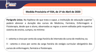 Parágrafo único. Na hipótese de que trata o caput, a instituição de educação superior
poderá abreviar a duração dos cursos de Medicina, Farmácia, Enfermagem e
Fisioterapia, desde que o aluno, observadas as regras a serem editadas pelo respectivo
sistema de ensino, cumpra, no mínimo:
I - setenta e cinco por cento da carga horária do internato do curso de medicina; ou
II - setenta e cinco por cento da carga horária do estágio curricular obrigatório dos
cursos de enfermagem, farmácia e fisioterapia.
Medida Provisória nº 934, de 1º de Abril de 2020
 
