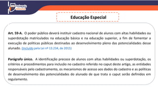 Art. 59-A. O poder público deverá instituir cadastro nacional de alunos com altas habilidades ou
superdotação matriculados na educação básica e na educação superior, a fim de fomentar a
execução de políticas públicas destinadas ao desenvolvimento pleno das potencialidades desse
alunado. (Incluído pela Lei nº 13.234, de 2015)
Parágrafo único. A identificação precoce de alunos com altas habilidades ou superdotação, os
critérios e procedimentos para inclusão no cadastro referido no caput deste artigo, as entidades
responsáveis pelo cadastramento, os mecanismos de acesso aos dados do cadastro e as políticas
de desenvolvimento das potencialidades do alunado de que trata o caput serão definidos em
regulamento.
Educação Especial
 