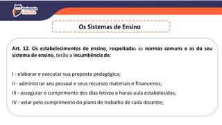 Art. 12. Os estabelecimentos de ensino, respeitadas as normas comuns e as do seu
sistema de ensino, terão a incumbência de:
I - elaborar e executar sua proposta pedagógica;
II - administrar seu pessoal e seus recursos materiais e financeiros;
III - assegurar o cumprimento dos dias letivos e horas-aula estabelecidas;
IV - velar pelo cumprimento do plano de trabalho de cada docente;
Os Sistemas de Ensino
 