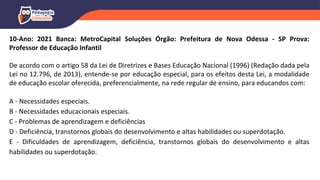 10-Ano: 2021 Banca: MetroCapital Soluções Órgão: Prefeitura de Nova Odessa - SP Prova:
Professor de Educação Infantil
De acordo com o artigo 58 da Lei de Diretrizes e Bases Educação Nacional (1996) (Redação dada pela
Lei no 12.796, de 2013), entende-se por educação especial, para os efeitos desta Lei, a modalidade
de educação escolar oferecida, preferencialmente, na rede regular de ensino, para educandos com:
A - Necessidades especiais.
B - Necessidades educacionais especiais.
C - Problemas de aprendizagem e deficiências
D - Deficiência, transtornos globais do desenvolvimento e altas habilidades ou superdotação.
E - Dificuldades de aprendizagem, deficiência, transtornos globais do desenvolvimento e altas
habilidades ou superdotação.
 