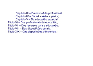 Capítulo III – Da educação profissional;
       Capítulo IV – Da educação superior;
       Capítulo V – Da educação especial.
Título VI – Dos profissionais da educação;
Título VII – Dos recursos para a educação;
Título VIII – Das disposições gerais;
Título XIX – Das disposições transitórias.
 