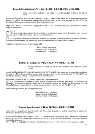 33
Emenda Constitucional nº 01, de 21.5.1990 - D.O.E. 22.5.1990 e 24.5.1990.
Altera e acrescenta dispositivos ao artigo 174, da Constituição do Estado do Espírito
Santo.
A ASSEMBLÉIA LEGISLATIVA DO ESTADO DO ESPÍRITO SANTO: faço saber que a Assembleia Legislativa
decretou e a Mesa da Assembleia, usando das atribuições que lhe são conferidas pelo art. 56, XXVIII, da
Constituição Estadual, promulga a seguinte Emenda Constitucional:
Artigo único - Altera-se a redação do parágrafo 1º, do art. 174, da Constituição Estadual e acrescenta no mesmo
artigo um parágrafo 3º.
“Art. 174 - ...
§ 1º - Os programas suplementares de alimentação e assistência à saúde serão financiados com recursos
provenientes de contribuições sociais e outros recursos financeiros.
§ 2º - ...
§ “3º - O programa suplementar de transporte do Município atenderá exclusivamente aos educandos no ensino
fundamental, nas creches e nas pré-escolas, e na forma excepcional, no ensino médio e superior.”
Palácio Domingos Martins, em 21 de maio de 1990.
Alcino Santos - Presidente
Ronaldo Lopes - 1º Secretário
Armando Viola - 2º Secretário
Emenda Constitucional nº 06, de 13.7.1993 - D.P.L. 14.7.1993
Dá nova redação ao caput do art. 281 da Constituição do Estado do Espírito
Santo
A ASSEMBLÉIA LEGISLATIVA DO ESTADO DO ESPÍRITO SANTO: faço saber que a Assembleia Legislativa
decretou e a Mesa da Assembleia, usando das atribuições que lhe são conferidas pelo Art. 56, XXVIII, da
Constituição Estadual promulga a seguinte Emenda Constitucional:
Artigo único - O caput do art. 281 passa a vigorar com a seguinte redação:
“Art. 281- Equiparam-se às escolas públicas as que pertencem as entidades filantrópicas do Movimento de
Educação Promocional do Espírito Santo, as da Campanha Nacional de Escolas da Comunidade e as de
Educação Especial para portadores de deficiência, atendidas as exigências do art. 178, § 2º, I a V.”
Palácio Domingos Martins, em 13 de julho de 1993.
Marcos Madureira - Presidente
Ulysses Anders - 1º Secretário
José Carlos Gratz - 2º Secretário
Emenda Constitucional nº 28, de 12.7.2000 - D.O.E. 21.7.2000
Inclui entre as competências das Comissões da Assembleia Legislativa a defesa extrajudicial e judicial dos
interesses e direitos difusos ou coletivos.
A ASSEMBLÉIA LEGISLATIVA DO ESTADO DO ESPÍRITO SANTO faz saber que a Assembleia Legislativa,
usando das atribuições que lhe são conferidas pelo art. 62, § 3º, da Constituição Estadual, promulga a seguinte
Emenda Constitucional.
Art. 1º - O § 2º do artigo 60 da Constituição Estadual fica acrescido de mais um inciso com a seguinte redação:
 