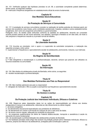 66
Art. 101. Verificada qualquer das hipóteses previstas no art. 98, a autoridade competente poderá determinar,
dentre outras, as seguintes medidas:
III - matrícula e frequência obrigatórias em estabelecimento oficial de ensino fundamental;
Capítulo IV
Das Medidas Sócio-Educativas
Seção IV
Da Prestação de Serviços à Comunidade
Art. 117. A prestação de serviços comunitários consiste na realização de tarefas gratuitas de interesse geral, por
período não excedente a seis meses, junto a entidades assistenciais, hospitais, escolas e outros estabelecimentos
congêneres, bem como em programas comunitários ou governamentais.
Parágrafo único. As tarefas serão atribuídas conforme as aptidões do adolescente, devendo ser cumpridas
durante jornada máxima de oito horas semanais, aos sábados, domingos e feriados ou em dias úteis, de modo a
não prejudicar a frequência à escola ou à jornada normal de trabalho.
Seção V
Da Liberdade Assistida
Art. 119. Incumbe ao orientador, com o apoio e a supervisão da autoridade competente, a realização dos
seguintes encargos, entre outros:
II - supervisionar a frequência e o aproveitamento escolar do adolescente, promovendo, inclusive, sua matrícula;
Seção VI
Do Regime de Semiliberdade
Art. 120. (...)
§ 1º São obrigatórias a escolarização e a profissionalização, devendo, sempre que possível, ser utilizados os
recursos existentes na comunidade.
Seção VII
Da Internação
Art. 124. São direitos do adolescente privado de liberdade, entre outros, os seguintes:
XI - receber escolarização e profissionalização;
Título IV
Das Medidas Pertinentes aos Pais ou Responsável
Art. 129. São medidas aplicáveis aos pais ou responsável:
V - obrigação de matricular o filho ou pupilo e acompanhar sua frequência e aproveitamento escolar;
Título VI
Do Acesso à Justiça
Capítulo VII
Da Proteção Judicial dos Interesses Individuais, Difusos e Coletivos
Art. 208. Regem-se pelas disposições desta Lei as ações de responsabilidade por ofensa aos direitos
assegurados à criança e ao adolescente, referentes ao não oferecimento ou oferta irregular:
I - do ensino obrigatório;
II - de atendimento educacional especializado aos portadores de deficiência;
III - de atendimento em creche e pré-escola às crianças de zero a seis anos de idade;
IV - de ensino noturno regular, adequado às condições do educando;
V - de programas suplementares de oferta de material didático-escolar, transporte e assistência à saúde do
educando do ensino fundamental;
VIII - de escolarização e profissionalização dos adolescentes privados de liberdade.
§ 1
o
As hipóteses previstas neste artigo não excluem da proteção judicial outros interesses individuais, difusos ou
coletivos, próprios da infância e da adolescência, protegidos pela Constituição e pela Lei.
 