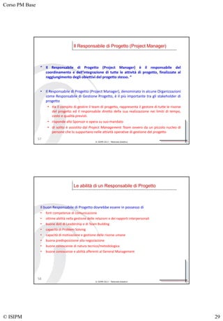Corso PM Base
© ISIPM 29
© ISIPM 2013 – Materiale didattico
“ Il Responsabile di Progetto (Project Manager) è il responsabile del
coordinamento e dell’integrazione di tutte le attività di progetto, finalizzate al
raggiungimento degli obiettivi del progetto stesso. “
• Il Responsabile di Progetto (Project Manager), denominato in alcune Organizzazioni
come Responsabile di Gestione Progetto, è il più importante tra gli stakeholder di
progetto
• Ha il compito di gestire il team di progetto, rappresenta il gestore di tutte le risorse
del progetto ed il responsabile diretto della sua realizzazione nei limiti di tempo,
costo e qualità previsti.
• risponde allo Sponsor e opera su suo mandato
• di solito è assistito dal Project Management Team ovvero da un piccolo nucleo di
persone che lo supportano nelle attività operative di gestione del progetto
Il Responsabile di Progetto (Project Manager)
57
© ISIPM 2013 – Materiale didattico
Il buon Responsabile di Progetto dovrebbe essere in possesso di
• forti competenze di comunicazione
• ottime abilità nella gestione delle relazioni e dei rapporti interpersonali
• buone doti di Leadership e di Team Building
• capacità di Problem Solving
• capacità di motivazione e gestione delle risorse umane
• buona predisposizione alla negoziazione
• buone conoscenze di natura tecnico/metodologica
• buone conoscenze e abilità afferenti al General Management
Le abilità di un Responsabile di Progetto
58
 