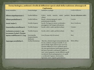 Forma biologica, ambienti e livello di diffusione specie eduli della tradizione alimurgica di 
Capitanata 
Nome scientifico Forma biologia Ambienti e ecologia Livello di diffusione 
Allium ampeloprasumL. Geofita Bulbosa Coltivi, incolti, macerie, ruderi, periferie 
urbane 
Rara per abbandono coltivi 
Allium pendulinum L. Geofita Bulbosa Boschi, arbusteti garganici, specie 
predominante di geofite 
Comune 
Ammimajus L. Terofita Scaposa Incolti. Più legata ai settori occidentali e 
pianeggianti, dal Gargano alle pianure 
Rara e localizzata 
Amaranthus retroflexus L. Terofita Scaposa Incolti, coltivi, ruderi, periferie urbane Comune 
Anthemis arvensis L. ssp. 
incrassata (Loisel.) Nyman 
Terofita Scaposa Incolti, coltivi, ruderi, periferie urbane Rara 
Apium nodiflorum (L.) Lag. Emicriptofita 
Scaposa/Idrofita 
Radicante 
Corsi d’acqua, letti di torrenti Rara 
Asparagus acutifolius L. Geofita Rizomatosa Macchie, arbusteti legati sostanzialmente alla 
lecceta, ambienti, dunque termofili. E’ una 
specie eliofila, legata alla luce per cui la sua 
massima diffusione si ha in ambienti aperti, 
che sono generalmente quelli appena percorsi 
dal fuoco (incendi) o sottoposti al taglio.In 
tutti i settori garganici, ma più diffusa in quelli 
meridionali (fascia pedegarganica) e in quelli 
c-occidentali (Cagnano, Sannicandro, 
Apricena), xerici, rupestri, generalmente. 
Molto diffusa 
 