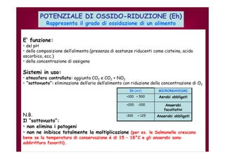 POTENZIALE DI OSSIDO-RIDUZIONE (Eh) 
Rappresenta il grado di ossidazione di un alimento 
E’ funzione: 
• del pH 
• della composizione dell’alimento (presenza di sostanze riducenti come cisteina, acido 
ascorbico, ecc.) 
• della concentrazione di ossigeno 
Sistemi in uso: 
• atmosfera controllata: aggiunta CO2 e CO2 + NO2 
• “sottovuoto”: eliminazione dell’aria dell’alimento con riduzione della concentrazione di O2 
Eh (mV) MICRORGANISMI 
+100 + 500 Aerobi obbligati 
+200 -200 Anaerobi 
facoltativi 
N.B. 
-300 + 125 Anaerobi obbligati 
Il “sottovuoto”: 
• non elimina i patogeni 
• non ne inibisce totalmente la moltiplicazione (per es. le Salmonelle crescono 
bene se la temperatura di conservazione è di 15 – 18°C e gli anaerobi sono 
addirittura favoriti). 
 