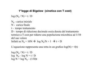 1°legge di Bigelow (cinetica con T cost) 
log (N0 / N) = t / D 
N0 - carica iniziale 
N - carica finale 
t - tempo trattamento 
D – tempo di riduzione decimale ossia durata del trattamento 
termico a T cost per ridurre una popolazione microbica ad 1/10 
del suo valore 
Infatti se N0 = 10N  log N0/N = 1  t = D 
L’equazione rappresenta una retta in un grafico log(N) = f(t) 
log (N0 / N) = t / D 
log N0 – log N = t / D 
log N = log N0 – (1/D)t 
 
