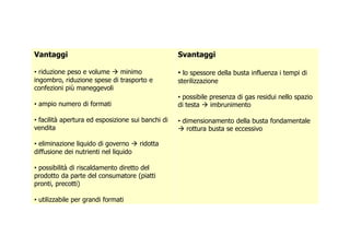 Vantaggi 
• riduzione peso e volume  minimo 
ingombro, riduzione spese di trasporto e 
confezioni più maneggevoli 
• ampio numero di formati 
• facilità apertura ed esposizione sui banchi di 
vendita 
Svantaggi 
• lo spessore della busta influenza i tempi di 
sterilizzazione 
• possibile presenza di gas residui nello spazio 
di testa  imbrunimento 
• dimensionamento della busta fondamentale 
• eliminazione liquido di governo  ridotta 
diffusione dei nutrienti nel liquido 
• possibilità di riscaldamento diretto del 
prodotto da parte del consumatore (piatti 
pronti, precotti) 
• utilizzabile per grandi formati 
 rottura busta se eccessivo 
 