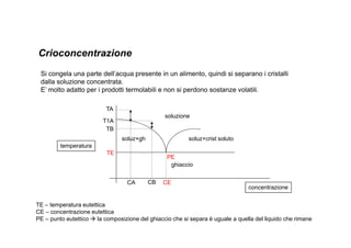 Crioconcentrazione 
Si congela una parte dell’acqua presente in un alimento, quindi si separano i cristalli 
dalla soluzione concentrata. 
E’ molto adatto per i prodotti termolabili e non si perdono sostanze volatili. 
TA 
T1A 
soluzione 
temperatura 
concentrazione 
soluz+gh soluz+crist soluto 
CA 
CB 
ghiaccio 
TB 
PE 
TE 
CE 
TE – temperatura eutettica 
CE – concentrazione eutettica 
PE – punto eutettico  la composizione del ghiaccio che si separa è uguale a quella del liquido che rimane 
 