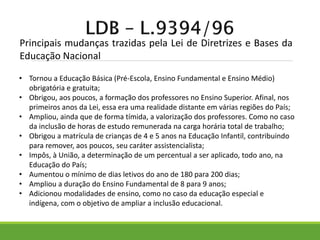 Principais mudanças trazidas pela Lei de Diretrizes e Bases da
Educação Nacional
• Tornou a Educação Básica (Pré-Escola, Ensino Fundamental e Ensino Médio)
obrigatória e gratuita;
• Obrigou, aos poucos, a formação dos professores no Ensino Superior. Afinal, nos
primeiros anos da Lei, essa era uma realidade distante em várias regiões do País;
• Ampliou, ainda que de forma tímida, a valorização dos professores. Como no caso
da inclusão de horas de estudo remunerada na carga horária total de trabalho;
• Obrigou a matrícula de crianças de 4 e 5 anos na Educação Infantil, contribuindo
para remover, aos poucos, seu caráter assistencialista;
• Impôs, à União, a determinação de um percentual a ser aplicado, todo ano, na
Educação do País;
• Aumentou o mínimo de dias letivos do ano de 180 para 200 dias;
• Ampliou a duração do Ensino Fundamental de 8 para 9 anos;
• Adicionou modalidades de ensino, como no caso da educação especial e
indígena, com o objetivo de ampliar a inclusão educacional.
 