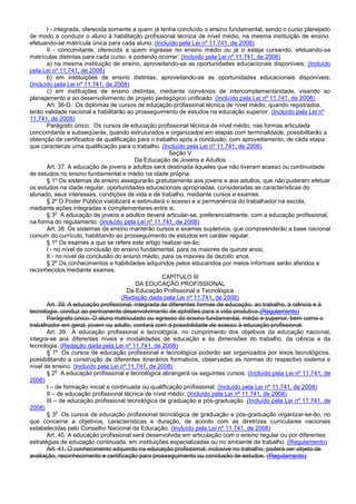 I - integrada, oferecida somente a quem já tenha concluído o ensino fundamental, sendo o curso planejado
de modo a conduzir o aluno à habilitação profissional técnica de nível médio, na mesma instituição de ensino,
efetuando-se matrícula única para cada aluno; (Incluído pela Lei nº 11.741, de 2008)
II - concomitante, oferecida a quem ingresse no ensino médio ou já o esteja cursando, efetuando-se
matrículas distintas para cada curso, e podendo ocorrer: (Incluído pela Lei nº 11.741, de 2008)
a) na mesma instituição de ensino, aproveitando-se as oportunidades educacionais disponíveis; (Incluído
pela Lei nº 11.741, de 2008)
b) em instituições de ensino distintas, aproveitando-se as oportunidades educacionais disponíveis;
(Incluído pela Lei nº 11.741, de 2008)
c) em instituições de ensino distintas, mediante convênios de intercomplementaridade, visando ao
planejamento e ao desenvolvimento de projeto pedagógico unificado. (Incluído pela Lei nº 11.741, de 2008)
Art. 36-D. Os diplomas de cursos de educação profissional técnica de nível médio, quando registrados,
terão validade nacional e habilitarão ao prosseguimento de estudos na educação superior. (Incluído pela Lei nº
11.741, de 2008)
Parágrafo único. Os cursos de educação profissional técnica de nível médio, nas formas articulada
concomitante e subseqüente, quando estruturados e organizados em etapas com terminalidade, possibilitarão a
obtenção de certificados de qualificação para o trabalho após a conclusão, com aproveitamento, de cada etapa
que caracterize uma qualificação para o trabalho. (Incluído pela Lei nº 11.741, de 2008)
Seção V
Da Educação de Jovens e Adultos
Art. 37. A educação de jovens e adultos será destinada àqueles que não tiveram acesso ou continuidade
de estudos no ensino fundamental e médio na idade própria.
§ 1º Os sistemas de ensino assegurarão gratuitamente aos jovens e aos adultos, que não puderam efetuar
os estudos na idade regular, oportunidades educacionais apropriadas, consideradas as características do
alunado, seus interesses, condições de vida e de trabalho, mediante cursos e exames.
§ 2º O Poder Público viabilizará e estimulará o acesso e a permanência do trabalhador na escola,
mediante ações integradas e complementares entre si.
§ 3
o
A educação de jovens e adultos deverá articular-se, preferencialmente, com a educação profissional,
na forma do regulamento. (Incluído pela Lei nº 11.741, de 2008)
Art. 38. Os sistemas de ensino manterão cursos e exames supletivos, que compreenderão a base nacional
comum do currículo, habilitando ao prosseguimento de estudos em caráter regular.
§ 1º Os exames a que se refere este artigo realizar-se-ão:
I - no nível de conclusão do ensino fundamental, para os maiores de quinze anos;
II - no nível de conclusão do ensino médio, para os maiores de dezoito anos.
§ 2º Os conhecimentos e habilidades adquiridos pelos educandos por meios informais serão aferidos e
reconhecidos mediante exames.
CAPÍTULO III
DA EDUCAÇÃO PROFISSIONAL
Da Educação Profissional e Tecnológica
(Redação dada pela Lei nº 11.741, de 2008)
Art. 39. A educação profissional, integrada às diferentes formas de educação, ao trabalho, à ciência e à
tecnologia, conduz ao permanente desenvolvimento de aptidões para a vida produtiva.(Regulamento)
Parágrafo único. O aluno matriculado ou egresso do ensino fundamental, médio e superior, bem como o
trabalhador em geral, jovem ou adulto, contará com a possibilidade de acesso à educação profissional.
Art. 39. A educação profissional e tecnológica, no cumprimento dos objetivos da educação nacional,
integra-se aos diferentes níveis e modalidades de educação e às dimensões do trabalho, da ciência e da
tecnologia. (Redação dada pela Lei nº 11.741, de 2008)
§ 1
o
Os cursos de educação profissional e tecnológica poderão ser organizados por eixos tecnológicos,
possibilitando a construção de diferentes itinerários formativos, observadas as normas do respectivo sistema e
nível de ensino. (Incluído pela Lei nº 11.741, de 2008)
§ 2
o
A educação profissional e tecnológica abrangerá os seguintes cursos: (Incluído pela Lei nº 11.741, de
2008)
I – de formação inicial e continuada ou qualificação profissional; (Incluído pela Lei nº 11.741, de 2008)
II – de educação profissional técnica de nível médio; (Incluído pela Lei nº 11.741, de 2008)
III – de educação profissional tecnológica de graduação e pós-graduação. (Incluído pela Lei nº 11.741, de
2008)
§ 3
o
Os cursos de educação profissional tecnológica de graduação e pós-graduação organizar-se-ão, no
que concerne a objetivos, características e duração, de acordo com as diretrizes curriculares nacionais
estabelecidas pelo Conselho Nacional de Educação. (Incluído pela Lei nº 11.741, de 2008)
Art. 40. A educação profissional será desenvolvida em articulação com o ensino regular ou por diferentes
estratégias de educação continuada, em instituições especializadas ou no ambiente de trabalho. (Regulamento)
Art. 41. O conhecimento adquirido na educação profissional, inclusive no trabalho, poderá ser objeto de
avaliação, reconhecimento e certificação para prosseguimento ou conclusão de estudos. (Regulamento)
 