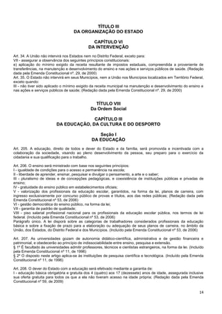 14
TÍTULO III
DA ORGANIZAÇÃO DO ESTADO
CAPÍTULO VI
DA INTERVENÇÃO
Art. 34. A União não intervirá nos Estados nem no Distrito Federal, exceto para:
VII - assegurar a observância dos seguintes princípios constitucionais:
e) aplicação do mínimo exigido da receita resultante de impostos estaduais, compreendida a proveniente de
transferências, na manutenção e desenvolvimento do ensino e nas ações e serviços públicos de saúde. (Redação
dada pela Emenda Constitucional nº. 29, de 2000)
Art. 35. O Estado não intervirá em seus Municípios, nem a União nos Municípios localizados em Território Federal,
exceto quando:
III - não tiver sido aplicado o mínimo exigido da receita municipal na manutenção e desenvolvimento do ensino e
nas ações e serviços públicos de saúde; (Redação dada pela Emenda Constitucional nº. 29, de 2000)
TÍTULO VIII
Da Ordem Social
CAPÍTULO III
DA EDUCAÇÃO, DA CULTURA E DO DESPORTO
Seção I
DA EDUCAÇÃO
Art. 205. A educação, direito de todos e dever do Estado e da família, será promovida e incentivada com a
colaboração da sociedade, visando ao pleno desenvolvimento da pessoa, seu preparo para o exercício da
cidadania e sua qualificação para o trabalho.
Art. 206. O ensino será ministrado com base nos seguintes princípios:
I - igualdade de condições para o acesso e permanência na escola;
II - liberdade de aprender, ensinar, pesquisar e divulgar o pensamento, a arte e o saber;
III - pluralismo de ideias e de concepções pedagógicas, e coexistência de instituições públicas e privadas de
ensino;
IV - gratuidade do ensino público em estabelecimentos oficiais;
V - valorização dos profissionais da educação escolar, garantidos, na forma da lei, planos de carreira, com
ingresso exclusivamente por concurso público de provas e títulos, aos das redes públicas; (Redação dada pela
Emenda Constitucional nº 53, de 2006)
VI - gestão democrática do ensino público, na forma da lei;
VII - garantia de padrão de qualidade;
VIII - piso salarial profissional nacional para os profissionais da educação escolar pública, nos termos de lei
federal. (Incluído pela Emenda Constitucional nº 53, de 2006)
Parágrafo único. A lei disporá sobre as categorias de trabalhadores considerados profissionais da educação
básica e sobre a fixação de prazo para a elaboração ou adequação de seus planos de carreira, no âmbito da
União, dos Estados, do Distrito Federal e dos Municípios. (Incluído pela Emenda Constitucional nº 53, de 2006)
Art. 207. As universidades gozam de autonomia didático-científica, administrativa e de gestão financeira e
patrimonial, e obedecerão ao princípio de indissociabilidade entre ensino, pesquisa e extensão.
§ 1º É facultado às universidades admitir professores, técnicos e cientistas estrangeiros, na forma da lei. (Incluído
pela Emenda Constitucional nº 11, de 1996)
§ 2º O disposto neste artigo aplica-se às instituições de pesquisa científica e tecnológica. (Incluído pela Emenda
Constitucional nº 11, de 1996)
Art. 208. O dever do Estado com a educação será efetivado mediante a garantia de:
I - educação básica obrigatória e gratuita dos 4 (quatro) aos 17 (dezessete) anos de idade, assegurada inclusive
sua oferta gratuita para todos os que a ela não tiveram acesso na idade própria; (Redação dada pela Emenda
Constitucional nº 59, de 2009)
 