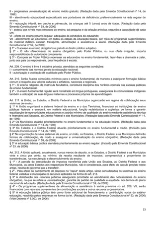 15
II - progressiva universalização do ensino médio gratuito; (Redação dada pela Emenda Constitucional nº 14, de
1996)
III - atendimento educacional especializado aos portadores de deficiência, preferencialmente na rede regular de
ensino;
IV - educação infantil, em creche e pré-escola, às crianças até 5 (cinco) anos de idade; (Redação dada pela
Emenda Constitucional nº 53, de 2006)
V - acesso aos níveis mais elevados do ensino, da pesquisa e da criação artística, segundo a capacidade de cada
um;
VI - oferta de ensino noturno regular, adequado às condições do educando;
VII - atendimento ao educando, em todas as etapas da educação básica, por meio de programas suplementares
de material didático escolar, transporte, alimentação e assistência à saúde. (Redação dada pela Emenda
Constitucional nº 59, de 2009)
§ 1º - O acesso ao ensino obrigatório e gratuito é direito público subjetivo.
§ 2º - O não oferecimento do ensino obrigatório pelo Poder Público, ou sua oferta irregular, importa
responsabilidade da autoridade competente.
§ 3º - Compete ao Poder Público recensear os educandos no ensino fundamental, fazer-lhes a chamada e zelar,
junto aos pais ou responsáveis, pela frequência à escola.
Art. 209. O ensino é livre à iniciativa privada, atendidas as seguintes condições:
I - cumprimento das normas gerais da educação nacional;
II - autorização e avaliação de qualidade pelo Poder Público.
Art. 210. Serão fixados conteúdos mínimos para o ensino fundamental, de maneira a assegurar formação básica
comum e respeito aos valores culturais e artísticos, nacionais e regionais.
§ 1º - O ensino religioso, de matrícula facultativa, constituirá disciplina dos horários normais das escolas públicas
de ensino fundamental.
§ 2º - O ensino fundamental regular será ministrado em língua portuguesa, assegurada às comunidades indígenas
também a utilização de suas línguas maternas e processos próprios de aprendizagem.
Art. 211. A União, os Estados, o Distrito Federal e os Municípios organizarão em regime de colaboração seus
sistemas de ensino.
§ 1º A União organizará o sistema federal de ensino e o dos Territórios, financiará as instituições de ensino
públicas federais e exercerá, em matéria educacional, função redistributiva e supletiva, de forma a garantir
equalização de oportunidades educacionais e padrão mínimo de qualidade do ensino mediante assistência técnica
e financeira aos Estados, ao Distrito Federal e aos Municípios; (Redação dada pela Emenda Constitucional nº 14,
de 1996)
§ 2º Os Municípios atuarão prioritariamente no ensino fundamental e na educação infantil. (Redação dada pela
Emenda Constitucional nº 14, de 1996)
§ 3º Os Estados e o Distrito Federal atuarão prioritariamente no ensino fundamental e médio. (Incluído pela
Emenda Constitucional nº 14, de 1996)
§ 4º Na organização de seus sistemas de ensino, a União, os Estados, o Distrito Federal e os Municípios definirão
formas de colaboração, de modo a assegurar a universalização do ensino obrigatório. (Redação dada pela
Emenda Constitucional nº 59, de 2009)
§ 5º A educação básica pública atenderá prioritariamente ao ensino regular. (Incluído pela Emenda Constitucional
nº 53, de 2006)
Art. 212. A União aplicará, anualmente, nunca menos de dezoito, e os Estados, o Distrito Federal e os Municípios
vinte e cinco por cento, no mínimo, da receita resultante de impostos, compreendida a proveniente de
transferências, na manutenção e desenvolvimento do ensino.
§ 1º - A parcela da arrecadação de impostos transferida pela União aos Estados, ao Distrito Federal e aos
Municípios, ou pelos Estados aos respectivos Municípios, não é considerada, para efeito do cálculo previsto neste
artigo, receita do governo que a transferir.
§ 2º - Para efeito do cumprimento do disposto no "caput" deste artigo, serão considerados os sistemas de ensino
federal, estadual e municipal e os recursos aplicados na forma do art. 213.
§ 3º A distribuição dos recursos públicos assegurará prioridade ao atendimento das necessidades do ensino
obrigatório, no que se refere a universalização, garantia de padrão de qualidade e equidade, nos termos do plano
nacional de educação. (Redação dada pela Emenda Constitucional nº 59, de 2009)
§ 4º - Os programas suplementares de alimentação e assistência à saúde previstos no art. 208, VII, serão
financiados com recursos provenientes de contribuições sociais e outros recursos orçamentários.
§ 5º A educação básica pública terá como fonte adicional de financiamento a contribuição social do salário-
educação, recolhida pelas empresas na forma da lei. (Redação dada pela Emenda Constitucional nº 53, de 2006)
(Vide Decreto nº 6.003, de 2006)
 