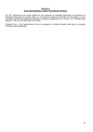 30
TÍTULO X
DAS DISPOSIÇÕES CONSTITUCIONAIS GERAIS
Art. 281. Equiparam-se às escolas públicas as que pertencem às entidades filantrópicas do Movimento de
Educação Promocional do Espírito Santo, as da Campanha Nacional de Escolas da Comunidade e as de
Educação Especial para portadores de deficiência, atendidas as exigências do art. 178, § 2°, I a V. (Redação dada
pela EC n.º 06, de 13.07.1993, DOE 14.07.1996 ).
Parágrafo único. A lei regulamentará a forma de assegurar às escolas referidas neste artigo os encargos
financeiros nele estabelecidos.
 