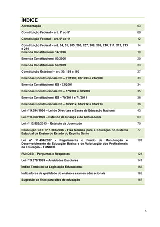 5
ÍNDICE
Apresentação 03
Constituição Federal – art. 1º ao 5º 09
Constituição Federal – art. 6º ao 11 12
Constituição Federal – art. 34, 35, 205, 206, 207, 208, 209, 210, 211, 212, 213
e 214
14
Emenda Constitucional 14/1996 19
Emenda Constitucional 53/2006 20
Emenda Constitucional 59/2009 23
Constituição Estadual – art. 30, 168 a 180 27
Emendas Constitucionais ES – 01/1990, 06/1993 e 28/2000 33
Emenda Constitucional ES - 32/2001 34
Emendas Constitucionais ES – 57/2007 e 60/2009 35
Emenda Constitucional ES – 70/2011 e 71/2011 36
Emendas Constitucionais ES – 86/2012, 88/2012 e 93/2013 38
Lei nº 9.394/1996 – Lei de Diretrizes e Bases da Educação Nacional 43
Lei nº 8.069/1990 – Estatuto da Criança e do Adolescente 63
Lei nº 12.852/2013 - Estatuto da Juventude 70
Resolução CEE nº 1.286/2006 - Fixa Normas para a Educação no Sistema
Estadual de Ensino do Estado do Espírito Santo
77
Lei nº 11.494/2007 - Regulamenta o Fundo de Manutenção e
Desenvolvimento da Educação Básica e de Valorização dos Profissionais
da Educação – FUNDEB
107
FUNDEB – Perguntas e Respostas 121
Lei nº 9.870/1999 – Anuidades Escolares 147
Índice Temático da Legislação Educacional 153
Indicadores de qualidade do ensino e exames educacionais 162
Sugestão de links para sites de educação 167
 