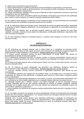 55
IV - elaborar seus orçamentos anuais e plurianuais;
V - adotar regime financeiro e contábil que atenda às suas peculiaridades de organização e funcionamento;
VI - realizar operações de crédito ou de financiamento, com aprovação do Poder competente, para aquisição de
bens imóveis, instalações e equipamentos;
VII - efetuar transferências, quitações e tomar outras providências de ordem orçamentária, financeira e patrimonial
necessárias ao seu bom desempenho.
§ 2º Atribuições de autonomia universitária poderão ser estendidas a instituições que comprovem alta qualificação
para o ensino ou para a pesquisa, com base em avaliação realizada pelo Poder Público.
Art. 55. Caberá à União assegurar, anualmente, em seu Orçamento Geral, recursos suficientes para manutenção
e desenvolvimento das instituições de educação superior por ela mantidas.
Art. 56. As instituições públicas de educação superior obedecerão ao princípio da gestão democrática, assegurada
a existência de órgãos colegiados deliberativos, de que participarão os segmentos da comunidade institucional,
local e regional.
Parágrafo único. Em qualquer caso, os docentes ocuparão setenta por cento dos assentos em cada órgão
colegiado e comissão, inclusive nos que tratarem da elaboração e modificações estatutárias e regimentais, bem
como da escolha de dirigentes.
Art. 57. Nas instituições públicas de educação superior, o professor ficará obrigado ao mínimo de oito horas
semanais de aulas.
CAPÍTULO V
DA EDUCAÇÃO ESPECIAL
Art. 58. Entende-se por educação especial, para os efeitos desta Lei, a modalidade de educação escolar
oferecida preferencialmente na rede regular de ensino, para educandos com deficiência, transtornos globais do
desenvolvimento e altas habilidades ou superdotação. (Redação dada pela Lei nº 12.796, de 2013)
§ 1º Haverá, quando necessário, serviços de apoio especializado, na escola regular, para atender às
peculiaridades da clientela de educação especial.
§ 2º O atendimento educacional será feito em classes, escolas ou serviços especializados, sempre que, em
função das condições específicas dos alunos, não for possível a sua integração nas classes comuns de ensino
regular.
§ 3º A oferta de educação especial, dever constitucional do Estado, tem início na faixa etária de zero a seis anos,
durante a educação infantil.
Art. 59. Os sistemas de ensino assegurarão aos educandos com deficiência, transtornos globais do
desenvolvimento e altas habilidades ou superdotação: (Redação dada pela Lei nº 12.796, de 2013)
I - currículos, métodos, técnicas, recursos educativos e organização específicos, para atender às suas
necessidades;
II - terminalidade específica para aqueles que não puderem atingir o nível exigido para a conclusão do ensino
fundamental, em virtude de suas deficiências, e aceleração para concluir em menor tempo o programa escolar
para os superdotados;
III - professores com especialização adequada em nível médio ou superior, para atendimento especializado, bem
como professores do ensino regular capacitados para a integração desses educandos nas classes comuns;
IV - educação especial para o trabalho, visando a sua efetiva integração na vida em sociedade, inclusive
condições adequadas para os que não revelarem capacidade de inserção no trabalho competitivo, mediante
articulação com os órgãos oficiais afins, bem como para aqueles que apresentam uma habilidade superior nas
áreas artística, intelectual ou psicomotora;
V - acesso igualitário aos benefícios dos programas sociais suplementares disponíveis para o respectivo nível do
ensino regular.
Art. 60. Os órgãos normativos dos sistemas de ensino estabelecerão critérios de caracterização das instituições
privadas sem fins lucrativos, especializadas e com atuação exclusiva em educação especial, para fins de apoio
técnico e financeiro pelo Poder Público.
Parágrafo único. O poder público adotará, como alternativa preferencial, a ampliação do atendimento aos
educandos com deficiência, transtornos globais do desenvolvimento e altas habilidades ou superdotação na
própria rede pública regular de ensino, independentemente do apoio às instituições previstas neste artigo.
(Redação dada pela Lei nº 12.796, de 2013)
 