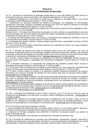 56
TÍTULO VI
Dos Profissionais da Educação
Art. 61. Consideram-se profissionais da educação escolar básica os que, nela estando em efetivo exercício e
tendo sido formados em cursos reconhecidos, são: (Redação dada pela Lei nº 12.014, de 2009)
I – professores habilitados em nível médio ou superior para a docência na educação infantil e nos ensinos
fundamental e médio; (Redação dada pela Lei nº 12.014, de 2009)
II – trabalhadores em educação portadores de diploma de pedagogia, com habilitação em administração,
planejamento, supervisão, inspeção e orientação educacional, bem como com títulos de mestrado ou doutorado
nas mesmas áreas; (Redação dada pela Lei nº 12.014, de 2009)
III – trabalhadores em educação, portadores de diploma de curso técnico ou superior em área pedagógica ou afim.
(Incluído pela Lei nº 12.014, de 2009)
Parágrafo único. A formação dos profissionais da educação, de modo a atender às especificidades do exercício
de suas atividades, bem como aos objetivos das diferentes etapas e modalidades da educação básica, terá como
fundamentos: (Incluído pela Lei nº 12.014, de 2009)
I – a presença de sólida formação básica, que propicie o conhecimento dos fundamentos científicos e sociais de
suas competências de trabalho; (Incluído pela Lei nº 12.014, de 2009)
II – a associação entre teorias e práticas, mediante estágios supervisionados e capacitação em serviço; (Incluído
pela Lei nº 12.014, de 2009)
III – o aproveitamento da formação e experiências anteriores, em instituições de ensino e em outras atividades.
(Incluído pela Lei nº 12.014, de 2009)
Art. 62. A formação de docentes para atuar na educação básica far-se-á em nível superior, em curso de
licenciatura, de graduação plena, em universidades e institutos superiores de educação, admitida, como formação
mínima para o exercício do magistério na educação infantil e nos 5 (cinco) primeiros anos do ensino fundamental,
a oferecida em nível médio na modalidade normal. (Redação dada pela Lei nº 12.796, de 2013)
§ 1º A União, o Distrito Federal, os Estados e os Municípios, em regime de colaboração, deverão promover a
formação inicial, a continuada e a capacitação dos profissionais de magistério. (Incluído pela Lei nº 12.056, de
2009).
§ 2º A formação continuada e a capacitação dos profissionais de magistério poderão utilizar recursos e
tecnologias de educação a distância. (Incluído pela Lei nº 12.056, de 2009).
§ 3º A formação inicial de profissionais de magistério dará preferência ao ensino presencial, subsidiariamente
fazendo uso de recursos e tecnologias de educação a distância. (Incluído pela Lei nº 12.056, de 2009).
§ 4
o
A União, o Distrito Federal, os Estados e os Municípios adotarão mecanismos facilitadores de acesso e
permanência em cursos de formação de docentes em nível superior para atuar na educação básica pública.
(Incluído pela Lei nº 12.796, de 2013)
§ 5
o
A União, o Distrito Federal, os Estados e os Municípios incentivarão a formação de profissionais do magistério
para atuar na educação básica pública mediante programa institucional de bolsa de iniciação à docência a
estudantes matriculados em cursos de licenciatura, de graduação plena, nas instituições de educação superior.
(Incluído pela Lei nº 12.796, de 2013)
§ 6
o
O Ministério da Educação poderá estabelecer nota mínima em exame nacional aplicado aos concluintes do
ensino médio como pré-requisito para o ingresso em cursos de graduação para formação de docentes, ouvido o
Conselho Nacional de Educação - CNE. (Incluído pela Lei nº 12.796, de 2013)
§ 7
o
(VETADO). (Incluído pela Lei nº 12.796, de 2013)
Art. 62-A. A formação dos profissionais a que se refere o inciso III do art. 61 far-se-á por meio de cursos de
conteúdo técnico-pedagógico, em nível médio ou superior, incluindo habilitações tecnológicas. (Incluído pela Lei
nº 12.796, de 2013)
Parágrafo único. Garantir-se-á formação continuada para os profissionais a que se refere o caput, no local de
trabalho ou em instituições de educação básica e superior, incluindo cursos de educação profissional, cursos
superiores de graduação plena ou tecnológicos e de pós-graduação. (Incluído pela Lei nº 12.796, de 2013)
Art. 63. Os institutos superiores de educação manterão:
I - cursos formadores de profissionais para a educação básica, inclusive o curso normal superior, destinado à
formação de docentes para a educação infantil e para as primeiras séries do ensino fundamental;
II - programas de formação pedagógica para portadores de diplomas de educação superior que queiram se
dedicar à educação básica;
III - programas de educação continuada para os profissionais de educação dos diversos níveis.
Art. 64. A formação de profissionais de educação para administração, planejamento, inspeção, supervisão e
orientação educacional para a educação básica, será feita em cursos de graduação em pedagogia ou em nível de
pós-graduação, a critério da instituição de ensino, garantida, nesta formação, a base comum nacional.
 