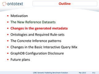 • Motivation
• The New Reference Datasets
• Changes in the generated metadata
• Ontologies and Required Rule-sets
• The Concrete Inference patterns
• Changes in the Basic Interactive Query Mix
• GraphDB Configuration Disclosure
• Future plans
Outline
#11LDBC Semantic Publishing Benchmark Evolution Mar 2015
 
