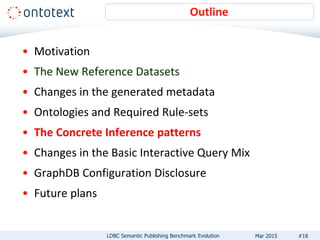 • Motivation
• The New Reference Datasets
• Changes in the generated metadata
• Ontologies and Required Rule-sets
• The Concrete Inference patterns
• Changes in the Basic Interactive Query Mix
• GraphDB Configuration Disclosure
• Future plans
Outline
#18LDBC Semantic Publishing Benchmark Evolution Mar 2015
 