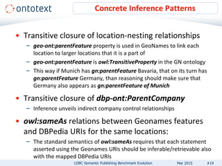• Transitive closure of location-nesting relationships
– geo-ont:parentFeature property is used in GeoNames to link each
location to larger locations that it is a part of
– geo-ont:parentFeature is owl:TransitiveProperty in the GN ontology
– This way if Munich has gn:parentFeature Bavaria, that on its turn has
gn:parentFeature Germany, than reasoning should make sure that
Germany also appears as gn:parentFeature of Munich
• Transitive closure of dbp-ont:ParentCompany
– Inference unveils indirect company control relationships
• owl:sameAs relations between Geonames features
and DBPedia URIs for the same locations:
– The standard semantics of owl:sameAs requires that each statement
asserted using the Geonames URIs should be inferable/retrievable also
with the mapped DBPedia URIs
Concrete Inference Patterns
LDBC Semantic Publishing Benchmark Evolution #19Mar 2015
 