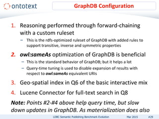 1. Reasoning performed through forward-chaining
with a custom ruleset
– This is the rdfs-optimized ruleset of GraphDB with added rules to
support transitive, inverse and symmetric properties
2. owl:sameAs optimization of GraphDB is beneficial
– This is the standard behavior of GraphDB; but it helps a lot
– Query-time tuning is used to disable expansion of results with
respect to owl:sameAs equivalent URIs
3. Geo-spatial index in Q6 of the basic interactive mix
4. Lucene Connector for full-text search in Q8
Note: Points #2-#4 above help query time, but slow
down updates in GraphDB. As materialization does also
GraphDB Configuration
LDBC Semantic Publishing Benchmark Evolution #29Mar 2015
 
