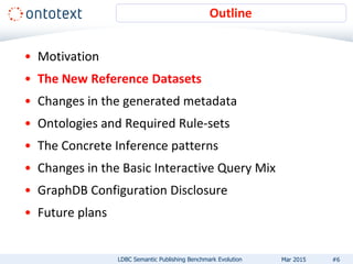 • Motivation
• The New Reference Datasets
• Changes in the generated metadata
• Ontologies and Required Rule-sets
• The Concrete Inference patterns
• Changes in the Basic Interactive Query Mix
• GraphDB Configuration Disclosure
• Future plans
Outline
#6LDBC Semantic Publishing Benchmark Evolution Mar 2015
 