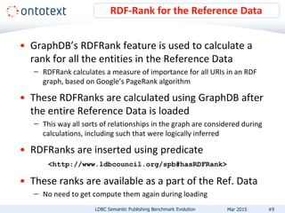 • GraphDB’s RDFRank feature is used to calculate a
rank for all the entities in the Reference Data
– RDFRank calculates a measure of importance for all URIs in an RDF
graph, based on Google’s PageRank algorithm
• These RDFRanks are calculated using GraphDB after
the entire Reference Data is loaded
– This way all sorts of relationships in the graph are considered during
calculations, including such that were logically inferred
• RDFRanks are inserted using predicate
<http://www.ldbcouncil.org/spb#hasRDFRank>
• These ranks are available as a part of the Ref. Data
– No need to get compute them again during loading
RDF-Rank for the Reference Data
#9LDBC Semantic Publishing Benchmark Evolution Mar 2015
 