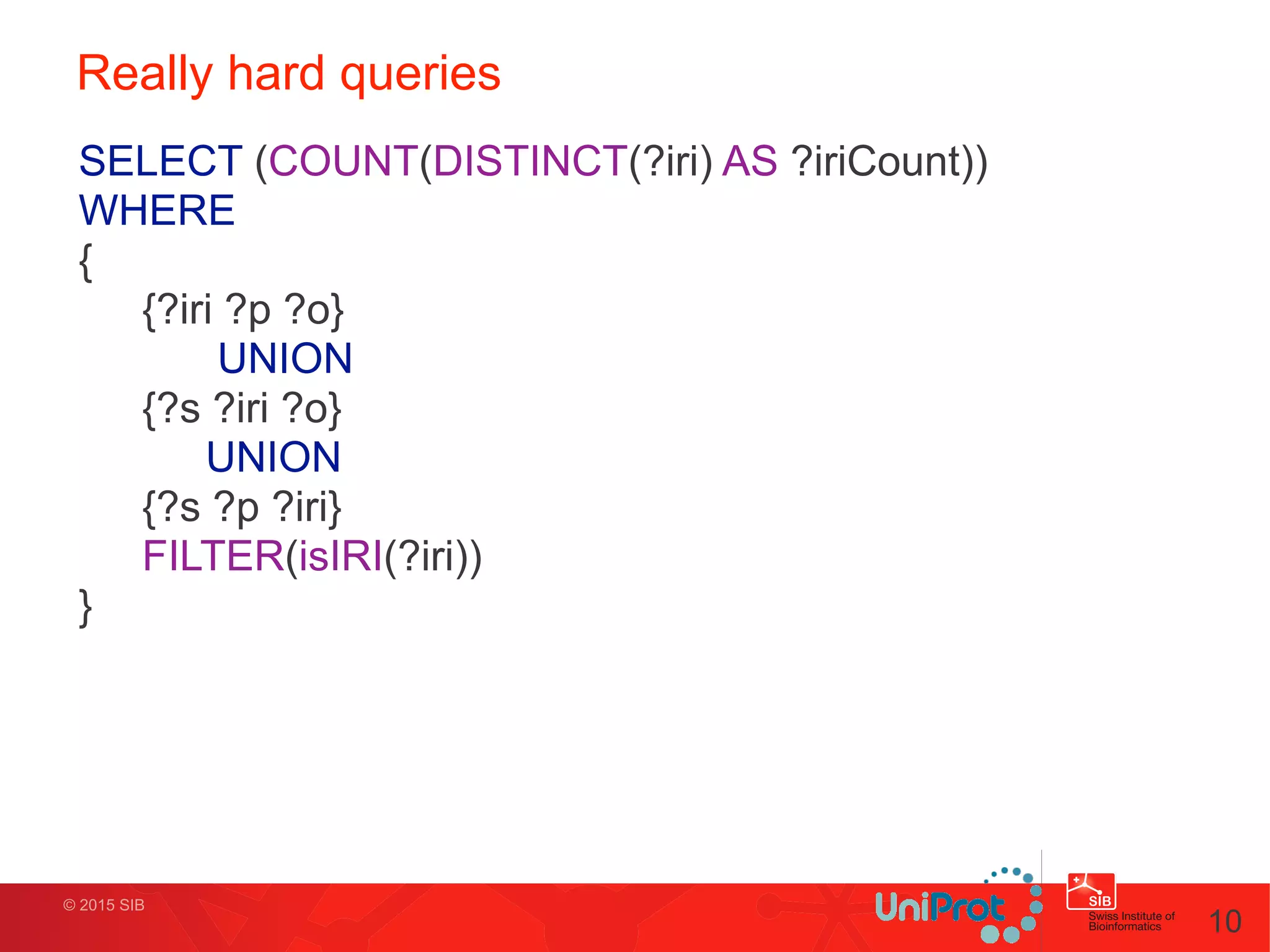 © 2015 SIB
Really hard queries
10
SELECT (COUNT(DISTINCT(?iri) AS ?iriCount))
WHERE
{
{?iri ?p ?o}
UNION
{?s ?iri ?o}
UNION
{?s ?p ?iri}
FILTER(isIRI(?iri))
}
 