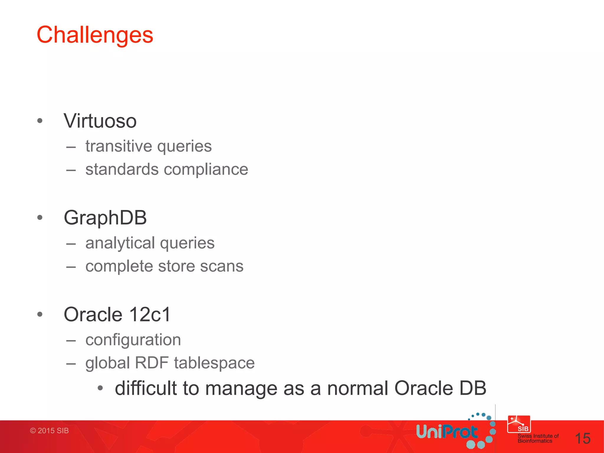 © 2015 SIB
Challenges
• Virtuoso
– transitive queries
– standards compliance
!
• GraphDB
– analytical queries
– complete store scans
!
• Oracle 12c1
– configuration
– global RDF tablespace
• difficult to manage as a normal Oracle DB
15
 