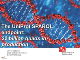 The UniProt SPARQL
endpoint:
22 billion quads in
production
Jerven Bolleman
Lead Software Developer
Swiss-Prot Group
 