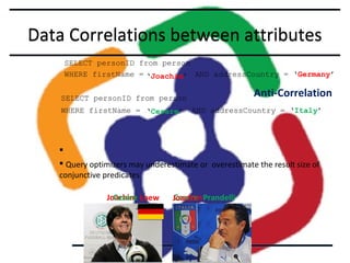 Data Correlations between attributes
SELECT personID from person
WHERE firstName = ‘Joachim’ AND addressCountry = ‘Germany’

Anti-Correlation

SELECT personID from person
WHERE firstName = ‘Cesare’

AND addressCountry = ‘Italy’

§
§ Query optimizers may underestimate or overestimate the result size of
conjunctive predicates
Joachim Loew
Cesare

Cesare
Joachim Prandelli

 