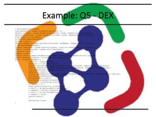 Example: Q5 - DEX
v.setLongVoid(personId);
v.setLongVoid(personId);
long personOID = graph.findObject(personId, v);
long personOID = graph.findObject(personId, v);
Objects friends = graph.neighbors(personOID, knows, EdgesDirection.Outgoing);
Objects friends = graph.neighbors(personOID, knows, EdgesDirection.Outgoing);
Objects allFriends = graph.neighbors(friends, knows, EdgesDirection.Outgoing);
Objects allFriends = graph.neighbors(friends, knows, EdgesDirection.Outgoing);
allFriends.union(friends);
allFriends.union(friends);
allFriends.remove(personOID);
allFriends.remove(personOID);
friends.close();
friends.close();
Objects members = graph.explode(allFriends, hasMember, EdgesDirection.Ingoing);
Objects members = graph.explode(allFriends, hasMember, EdgesDirection.Ingoing);
v.setTimestampVoid(date);
v.setTimestampVoid(date);
Objects candidate = graph.select(joinDate, Condition.GreaterEqual, v, members);
Objects candidate = graph.select(joinDate, Condition.GreaterEqual, v, members);
Objects finalSelection = graph.tails(candidate);
Objects finalSelection = graph.tails(candidate);
candidate.close();
candidate.close();
members.close();
members.close();
Objects posts = graph.neighbors(allFriends, hasCreator, EdgesDirection.Ingoing);
Objects posts = graph.neighbors(allFriends, hasCreator, EdgesDirection.Ingoing);
ObjectsIterator iterator = finalSelection.iterator();
ObjectsIterator iterator = finalSelection.iterator();
while (iterator.hasNext()) {
while (iterator.hasNext()) {
long oid = iterator.next();
long oid = iterator.next();
Container c = new Container();
Container c = new Container();
Objects postsGroup = graph.neighbors(oid, containerOf, EdgesDirection.Outgoing);
Objects postsGroup = graph.neighbors(oid, containerOf, EdgesDirection.Outgoing);
Objects moderators = graph.neighbors(oid, hasModerator, EdgesDirection.Outgoing);
Objects moderators = graph.neighbors(oid, hasModerator, EdgesDirection.Outgoing);
long moderatorOid = moderators.any();
long moderatorOid = moderators.any();
moderators.close();
moderators.close();
Objects postsModerator = graph.neighbors(moderatorOid, hasCreator, EdgesDirection.Ingoing);
Objects postsModerator = graph.neighbors(moderatorOid, hasCreator, EdgesDirection.Ingoing);
postsGroup.difference(postsModerator);
postsGroup.difference(postsModerator);
postsModerator.close();
postsModerator.close();
postsGroup.intersection(posts);
postsGroup.intersection(posts);
long count = postsGroup.size();
long count = postsGroup.size();
if (count > 0) {
if (count > 0) {
graph.getAttribute(oid, forumId, v);
graph.getAttribute(oid, forumId, v);
c.row[0] = db.getForumURI(v.getLong());
c.row[0] = db.getForumURI(v.getLong());
c.compare2 = String.valueOf(v.getLong());
c.compare2 = String.valueOf(v.getLong());
c.row[1] = String.valueOf(count);
c.row[1] = String.valueOf(count);
c.compare = count;
c.compare = count;
results.add(c);
results.add(c);
}
}
postsGroup.close()
postsGroup.close()
}
}

 