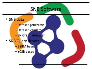 SNB Software
• SNB data
– Dataset generator
– Dataset Validator
– SN Graph Analyzer

• SNB Query drivers
– BSBM based
– YCSB based

 