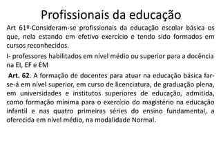 Profissionais da educação
Art 61º-Consideram-se profissionais da educação escolar básica os
que, nela estando em efetivo exercício e tendo sido formados em
cursos reconhecidos.
I- professores habilitados em nível médio ou superior para a docência
na EI, EF e EM
Art. 62. A formação de docentes para atuar na educação básica far-
se-á em nível superior, em curso de licenciatura, de graduação plena,
em universidades e institutos superiores de educação, admitida,
como formação mínima para o exercício do magistério na educação
infantil e nas quatro primeiras séries do ensino fundamental, a
oferecida em nível médio, na modalidade Normal.
 