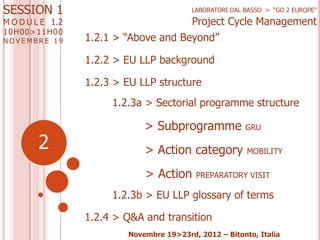 SESSION 1
M O D U L E 1.2
1 0 H00>11H0 0

NOVEMBRE 19

LABORATORI DAL BASSO > “GO 2 EUROPE”

Project Cycle Management
1.2....