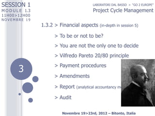 SESSION 1

LABORATORI DAL BASSO > “GO 2 EUROPE”

Project Cycle Management

M O D U L E 1.3
11H00>12H0 0

NOVEMBRE 19

1.3....