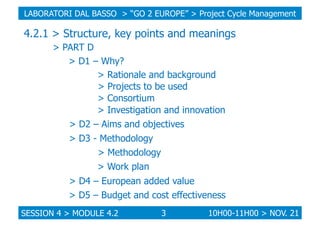 LABORATORI DAL BASSO > “GO 2 EUROPE” > Project Cycle Management

4.2.1 > Structure, key points and meanings
> PART D
> D1 ...