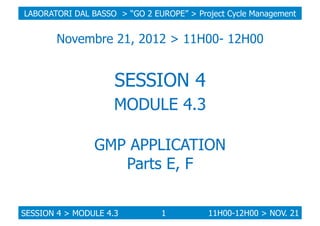 LABORATORI DAL BASSO > “GO 2 EUROPE” > Project Cycle Management

Novembre 21, 2012 > 11H00- 12H00

SESSION 4
MODULE 4.3
GMP APPLICATION
Parts E, F
SESSION 4 > MODULE 4.3

1

11H00-12H00 > NOV. 21

 